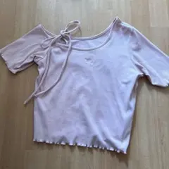 リボン付きオフショルダーTシャツ ピンク