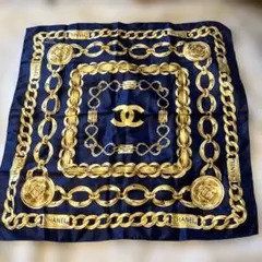 CHANEL シャネル チェーン柄 スカーフ ネイビー系