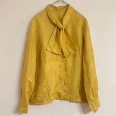 【M】 ヴィンテージ ボウタイブラウス イエロー マスタード 光沢 レトロ 古着