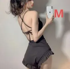 露出控え目♡ガーリー系　モノキニ水着　黒　フリル♡　可愛い♡　韓国風 【M】