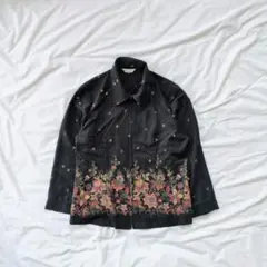 春のアウター 昭和レトロ 大きイサイズ ジッパー 襟付き ジャケット 花柄 黒