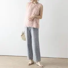 ラジエム　ハイウエストパール付デニム　ウォッシュ加工ストレートパンツのサムネイル