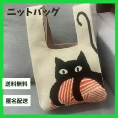 【新品】ニットバッグ　エコバッグ　ミニバッグ　サブ　ベージュ　黒猫