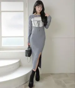 デコルテオープンバイカラーリボンニットワンピース LIP SERVICE