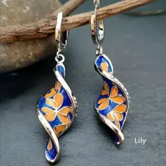 ✨ 青 ツイスト 花 オレンジ ピアス ラインストーン ヴィンテージ レトロ