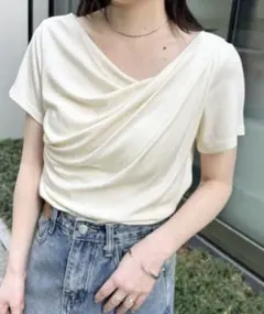 RANAN 2WAYドレープオフショルリブTシャツ　オフホワイトM