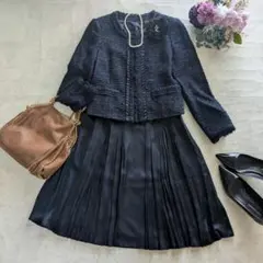 アナイ　38サイズ　ノーカラージャケットプリーツスカート　ネイビー紺　ママスーツ