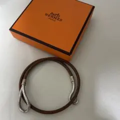 HERMES ジャンボブレスレット レザー シルバー金具xグレーメッシュ 