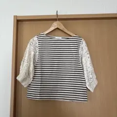 ボーダー柄 レース袖 七分袖カットソー