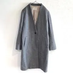 【イエナ】ノーカラーロングコート ウールコート Vネック 毛混 長袖 無地 40