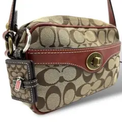 美品 86 コーチ ショルダーバッグ ターンロック シグネチャー レザー 赤