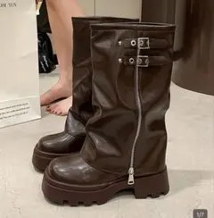 ブラウン 厚底ブーツ ジッパー付き