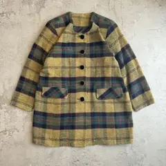 【80's vintage】ノーカラーコート チェック ウール レディース