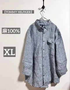 トミーヒルフィガー 麻100%シャツ XL 七分袖 ボタンダウン