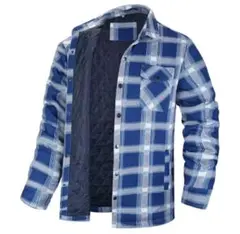 【フォロー割あり】中綿入り ネルシャツ ジャケット 青 白 チェック 防寒