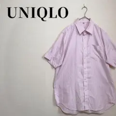 ユニクロ　UNIQLO　大きいサイズLL　半袖ストライプシャツ　綿混　ピンク×白