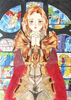 手描きイラスト　祈りを捧げる中世の女性騎士　オリジナル　A4