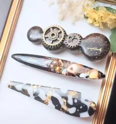 ブラウン、レジンヘアクリップ、ヘアピン3点セット