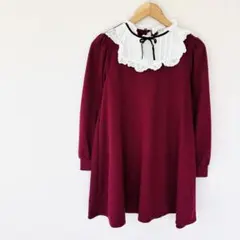 【アンクルージュ】フリルレース襟長袖フレアワンピース　M　エンジ色系　ガーリー