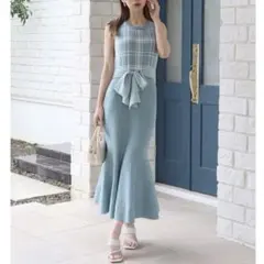 美品✨ロイヤルパーティー　ウエストリボンチェックノースリーブマーメイドワンピース