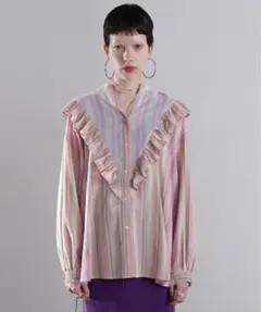 GENEHEAVENS マルチカラーストライプ パネルフリルシャツ