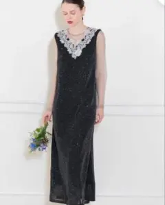 [leja]レジャレースネック透け袖スリットキラキラロングドレスワンピース