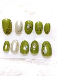 ☆現品☆　グリーン花柄ネイルチップ