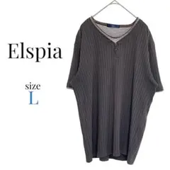 Elspia【L】ヘンリーネックTシャツ ストライプ カジュアル ゆったり ラフ