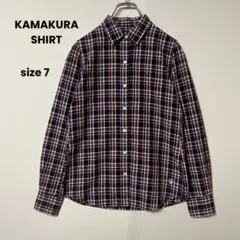 KAMAKURA SHIRT チェック 長袖シャツ 刺繍 綿100% 紺 赤 白のサムネイル