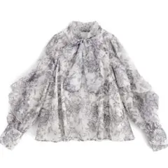 GRL 花柄フリルボウタイオーガンジーブラウス チャコール