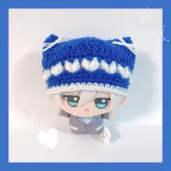 ちびぐるみ ぬい服 ぷっくりハート 猫耳ニット帽 青×白 編み物