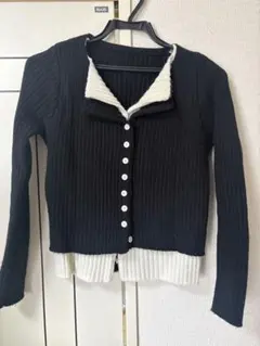 リブ編みニット ブラック・ホワイト レイヤード配色ニット