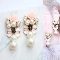 カメリア ビジュー  リボン パールおおぶりピアス シャネルストーン可