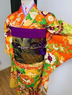 振袖フルセット着物 オレンジ 紫 花柄　駒刺繍