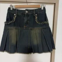 ダークデニム プリーツスカート フリンジ