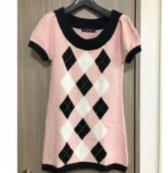 ピンクミックス　チェック柄　ロング　半袖ニット