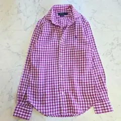 ポロラルフローレン 長袖シャツ パープル ギンガムチェック 麻 リネン