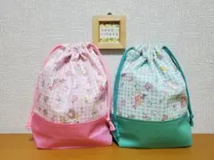 給食袋コップ入れ２枚セット   ギンガムチェックユニコーン柄(ピンク＆グリーン)