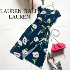 ラルフローレン カシュクール 花柄 ストレッチ ワンピース ネイビー白　2M