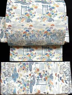 美品！可愛い袋帯 水色 お庭 松 菊 正絹 二重太鼓 作り帯