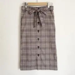 チェックナロースカート タイトスカート ウエストリボン フロントボタン