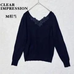 クリアインプレッション ニット レース 刺繍 M相当 ネイビー 薄手 長袖 無地