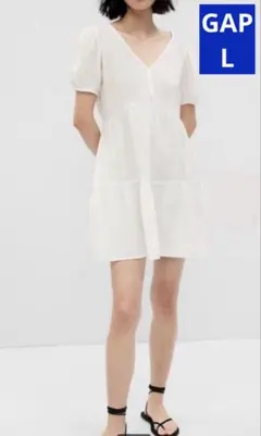 美品 GAPコットン フレア ワンピース チュニック 半袖 Vネック 白 Ｌ