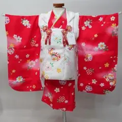 七五三 三歳 女児 正絹 被布着物フルセット 赤×白 伊達襟付き お仕立て無料