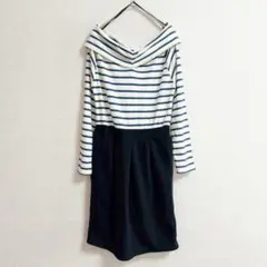 美品 s0608【アベイルモード】長袖ボーダー切替ワンピース ウエストゴム