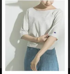 Champion ×アーバンリサーチ ボートネックボーダー5分袖　オートミール