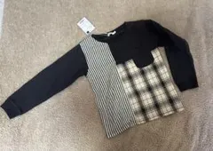 【130】ボーイズ　キッズ　長袖カットソー ブラック　チェックストライプ