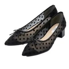 ドット柄メッシュ低ヒールパンプス