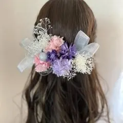紫とピンクのドライフラワー髪飾り　シルバー仕立て　銀箔　水引付き　卒業式　袴