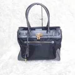 【美品 カデナ】ベルトデザイン 南京錠 ハンドバッグ ナイロン レザー